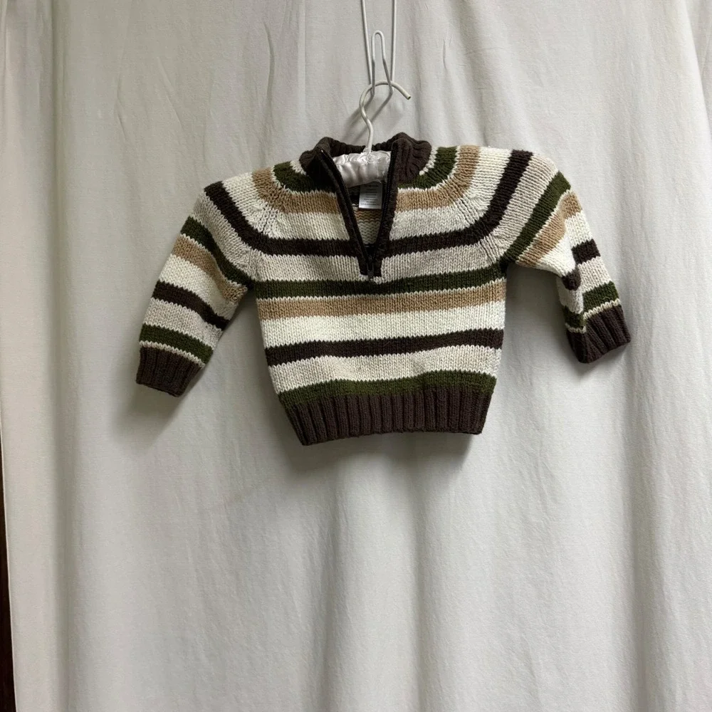 Gymboree Boys Striped Quarter Zip Sweater Brown Green 12-18 Months Cotton Wool